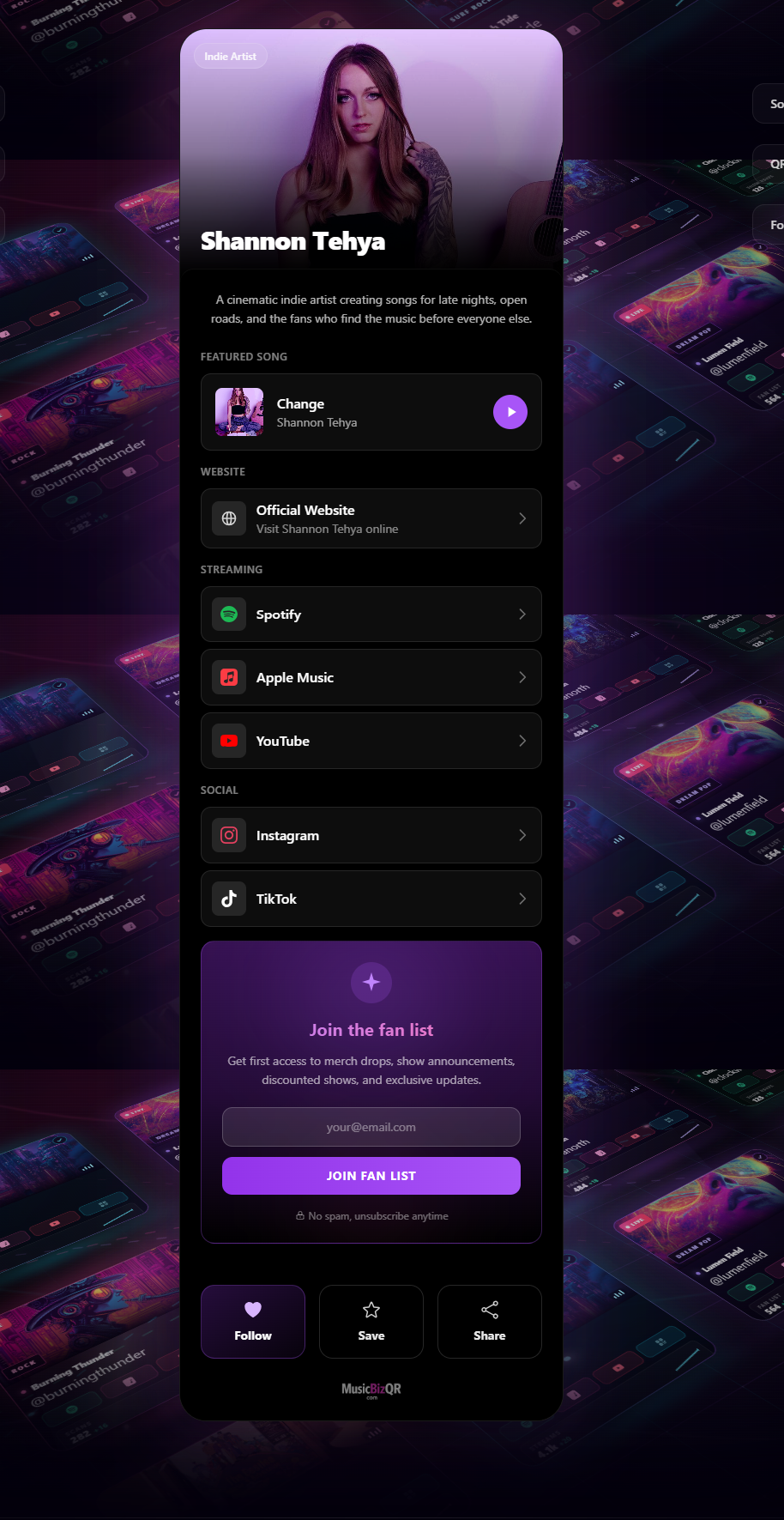 MusicBizQR mobile artist page showing music links, streaming buttons, fan capture, follow, save, and share actions after a QR code scan